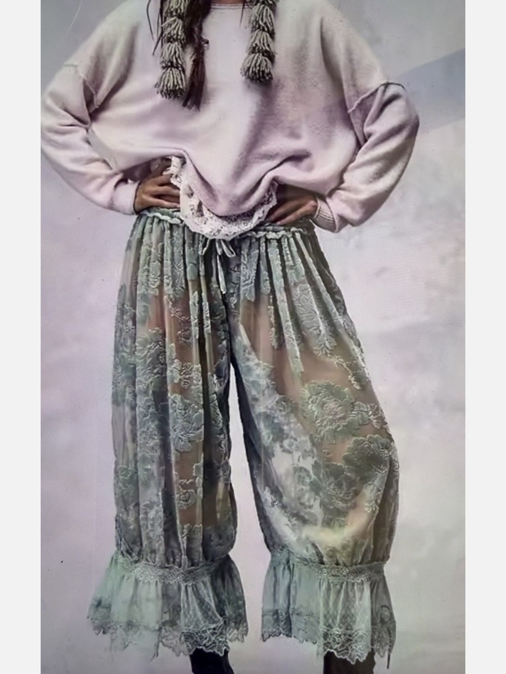 Free People Sheer Lace Wide-Leg Pants in Sage Green